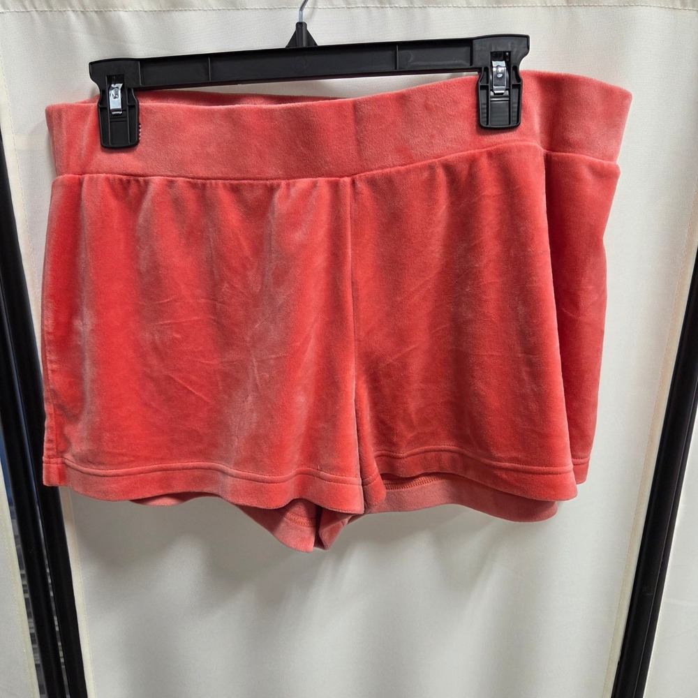 Juicy by Juicy Couture Coral Pink Velour Rhinestone Logo Shorts Womens Large